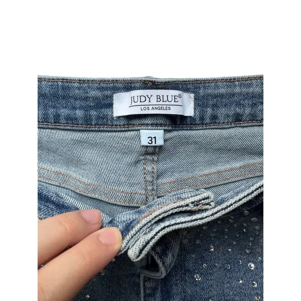Judy Blue High Waist Rhinestone Cut Off Denim Shorts Womens 31 Embellished